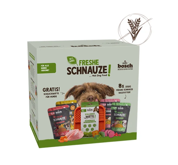 Schleckspaß-Mix für Hunde – 8 x 250 g Freshe Schnauze Nassfutter + gratis Schleckmatte