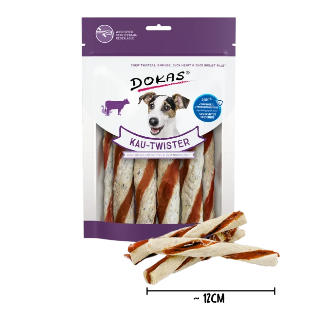 Dokas Kau Twister Rinderhaut für Hunde – Entenherz & Pansen, 200 g