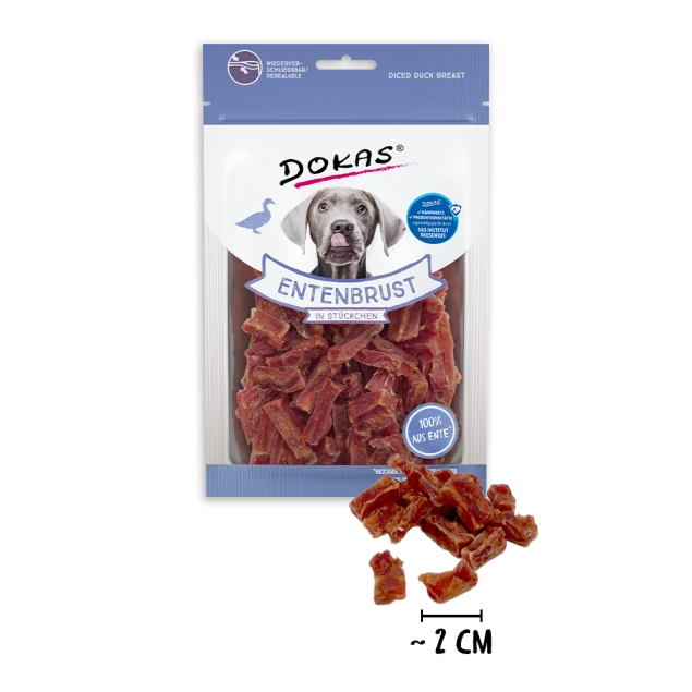 Dokas Entenbrust Stückchen für Hunde – Trainingssnack, 70g & 200g
