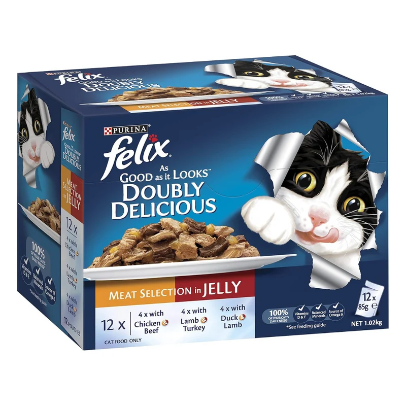 PURINA Felix Doubly Delicious Meat Selection in Jelly Pouch Wet Cat Food Pack 12X85G