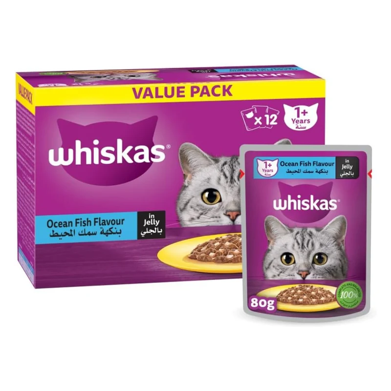 Whiskas 1+ Years Value Pack Ocean Fish Wet Cat Food In Jelly 12x80G