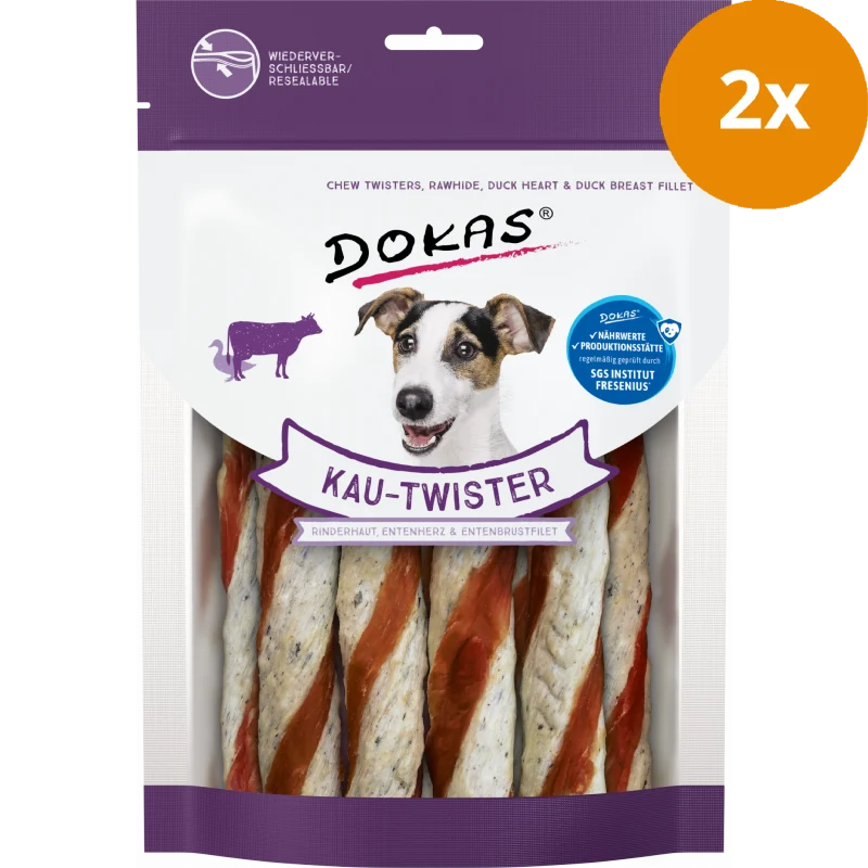 DOKAS Kau-Twister Rinderhaut, Entenherz & Entenbrust 200 g | Hundesnack