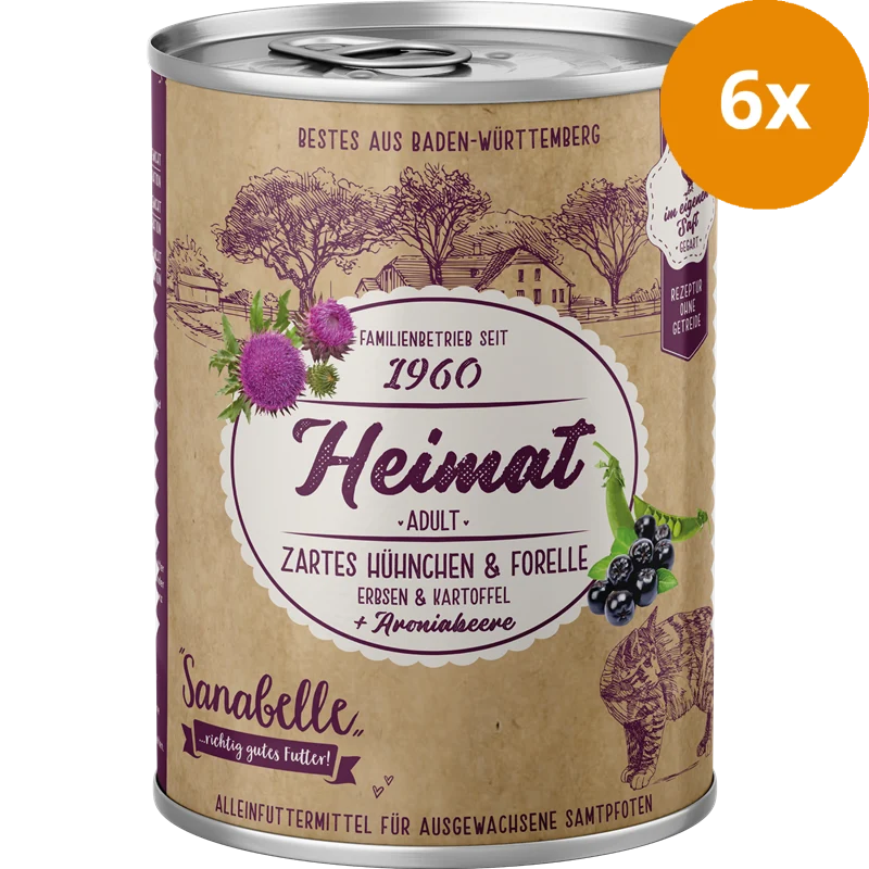 Sanabelle Heimat Dose zartes Hühnchen & Forelle mit Erbsen, Kartoffel und Aroniabeere 400 g