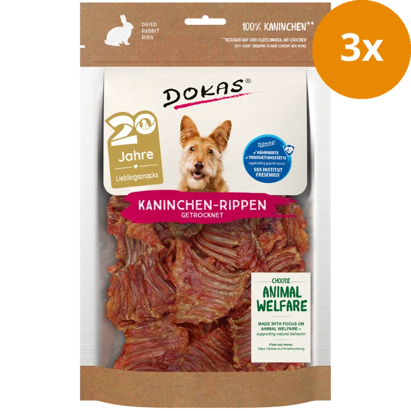 DOKAS Kaninchen Rippen getrocknet 100 g | Hundesnack