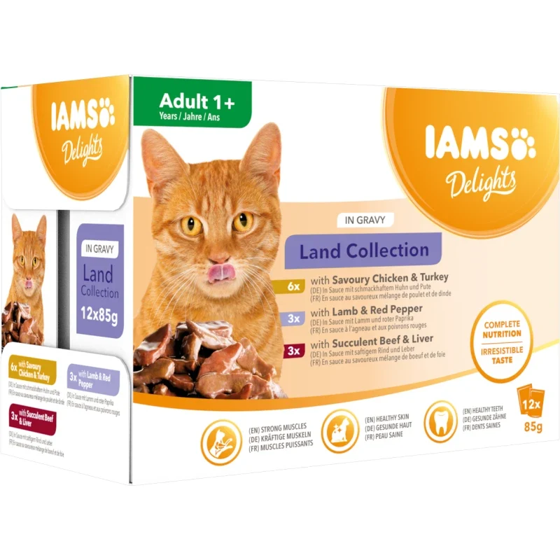 IAMS Nassfutter für ausgewachsene Katzen mit unterschiedlichen Fleischaromen – Landkollektion in Sauce (Adult 1+)