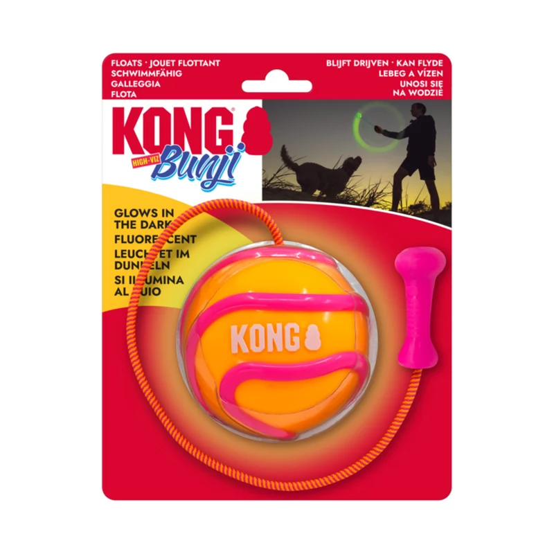KONG Bunji High-Viz Ball – Leuchtender Hundeball mit Bungee-Seil & schwimmfähig