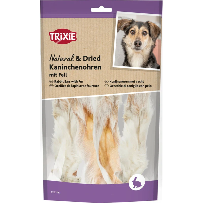 TRIXIE Kaninchenohren mit Fell 100g – Natürlicher Kauspaß für Hunde