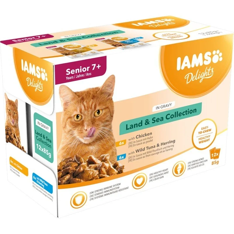 IAMS Nassfutter für ältere Katzen mit unterschiedlichen Fleisch- und Fischaromen – Land- & Meereskollektion in Sauce (Senior 7+)