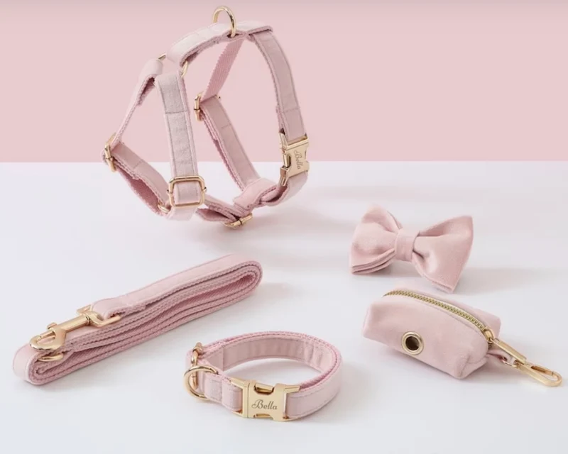 Luxury Pink Velvet Personalized Dog Collar & Harness – 5-Piece Set