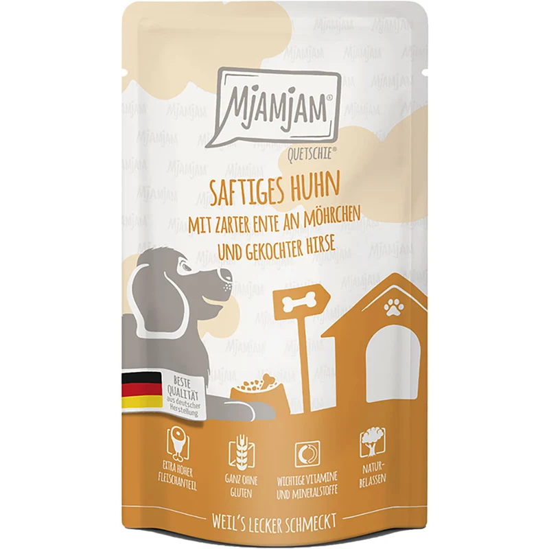 MjAMjAM Quetschie - saftiges Huhn mit zarter Ente an Möhrchen und gekochter Hirse 125g