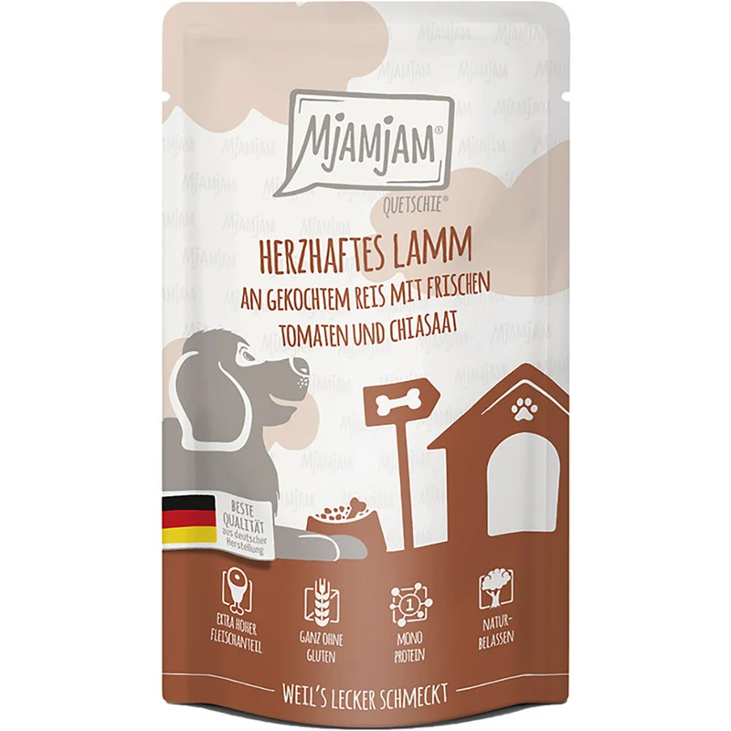 MjAMjAM Quetschie - herzhaftes Lamm an gekochtem Reis mit frischen Tomaten und Chiasaat 125g
