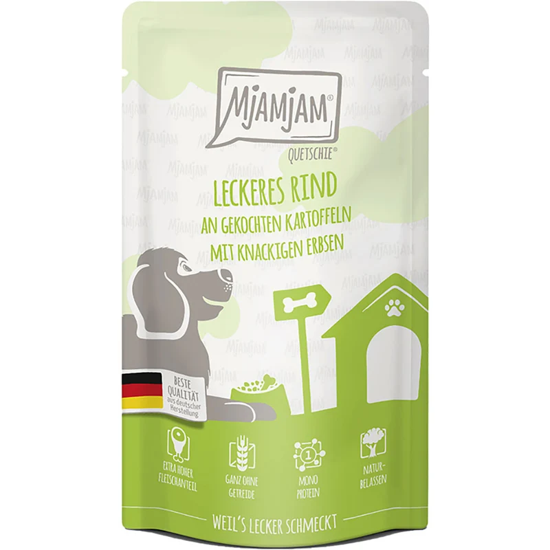 MjAMjAM Quetschie - leckeres Rind an gekochten Kartoffeln mit knackigen Erbsen 125g