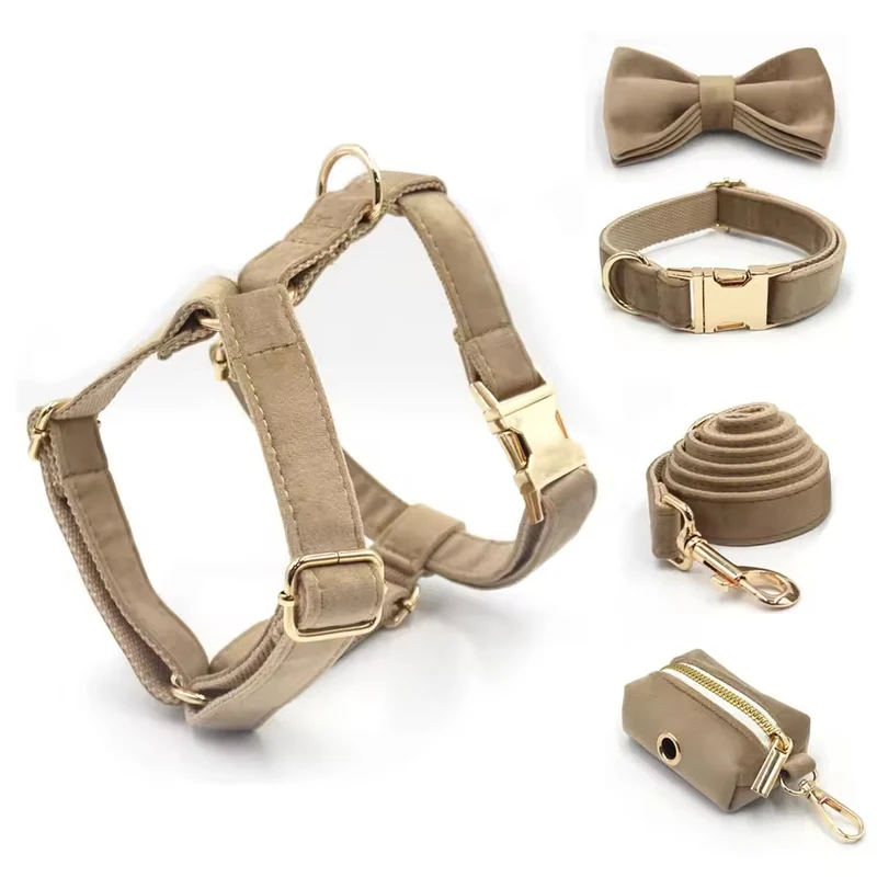 Luxury Light Coffee Velvet Personalized Dog Collar & Harness – 5-Piece Set