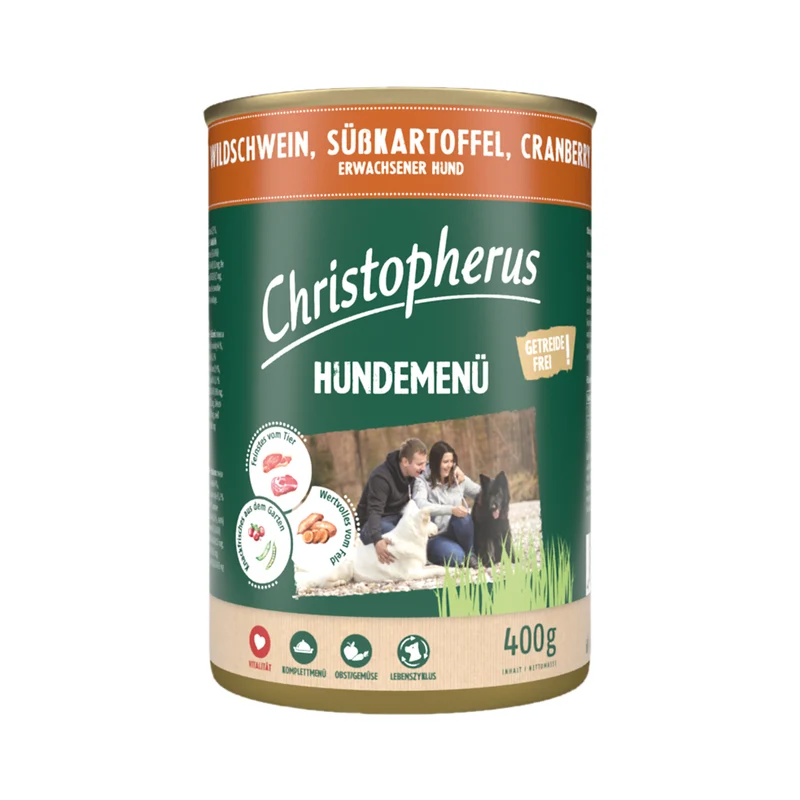 Christopherus Hundemenü mit Wildschwein, Süßkartoffel & Cranberry