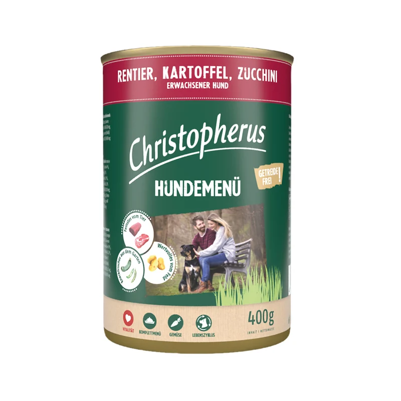 Christopherus Hundemenü mit Rentier, Kartoffel & Zucchini
