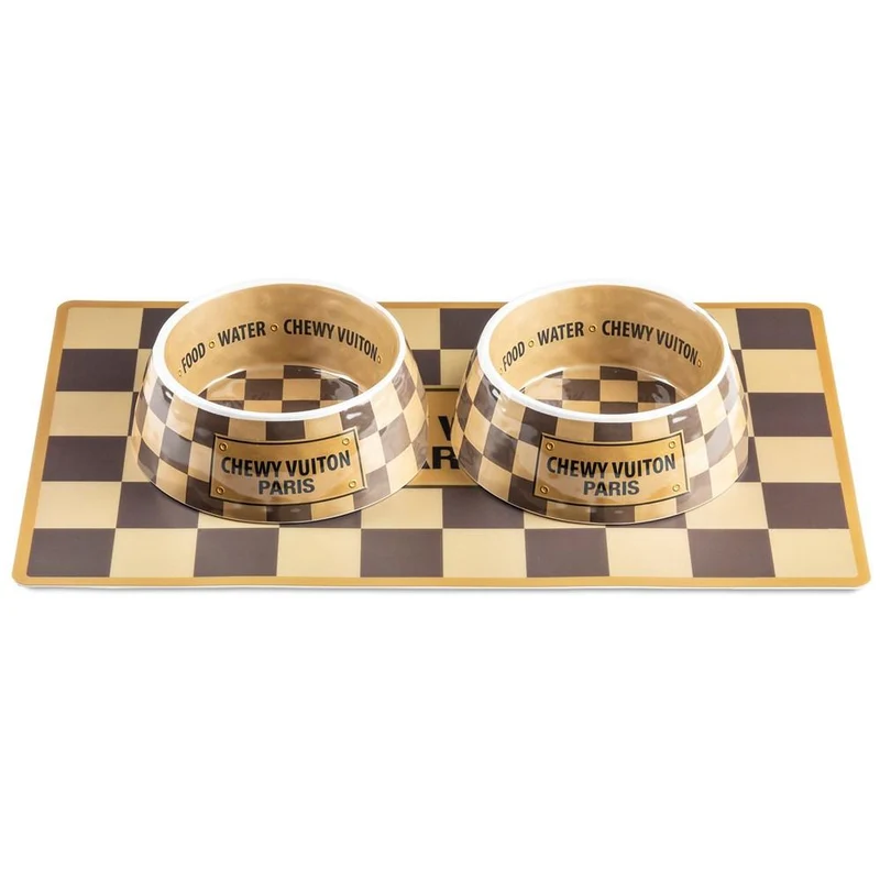 Set Chewy Vuiton Checker Hundenapf und Napfunterlage Gold