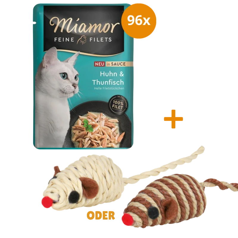 Miamor PB Feine Filets Huhn & Thunfisch in Sauce 96 x 100 g + GRATIS TRIXIE Spielmaus