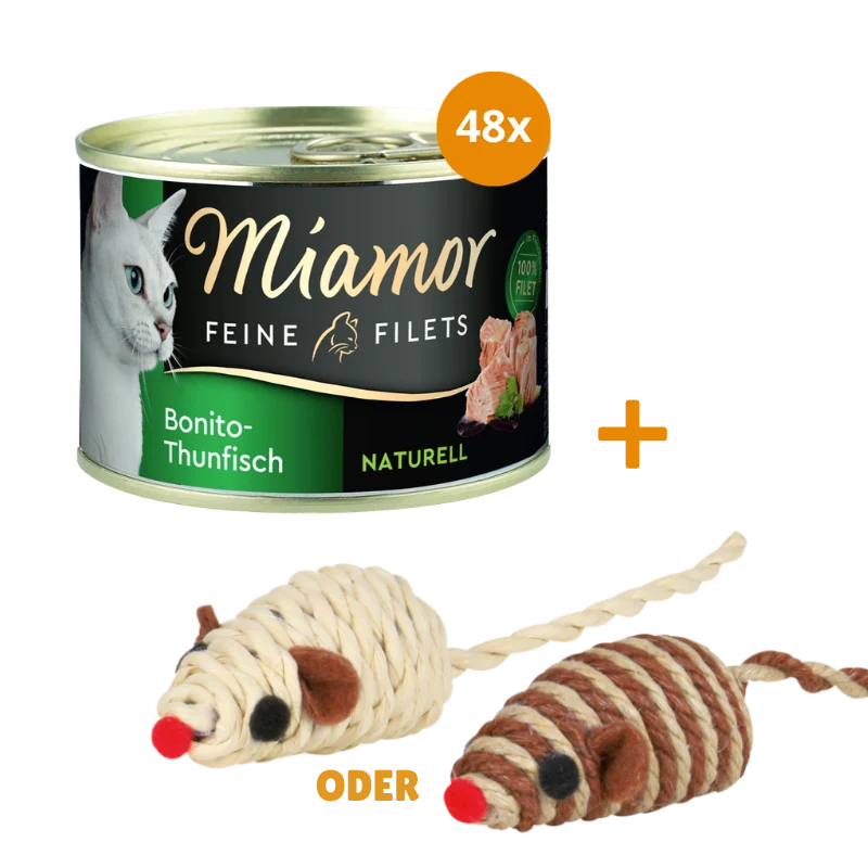 Miamor Feine Filets Naturelle Bonito-Thunfisch 48 x 156 g + GRATIS TRIXIE Spielmaus