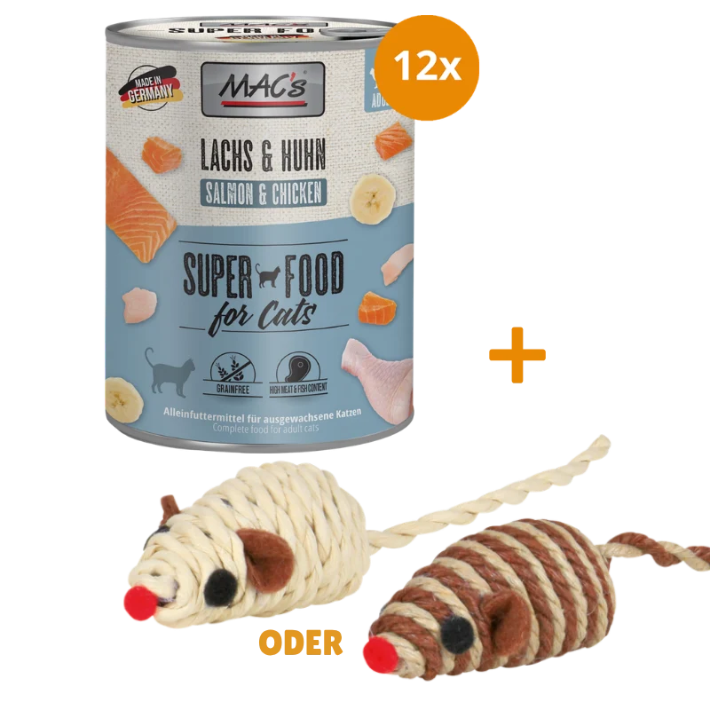 MAC's Cat Lachs & Hühnchen 12 x 800 g + GRATIS TRIXIE Spielmaus