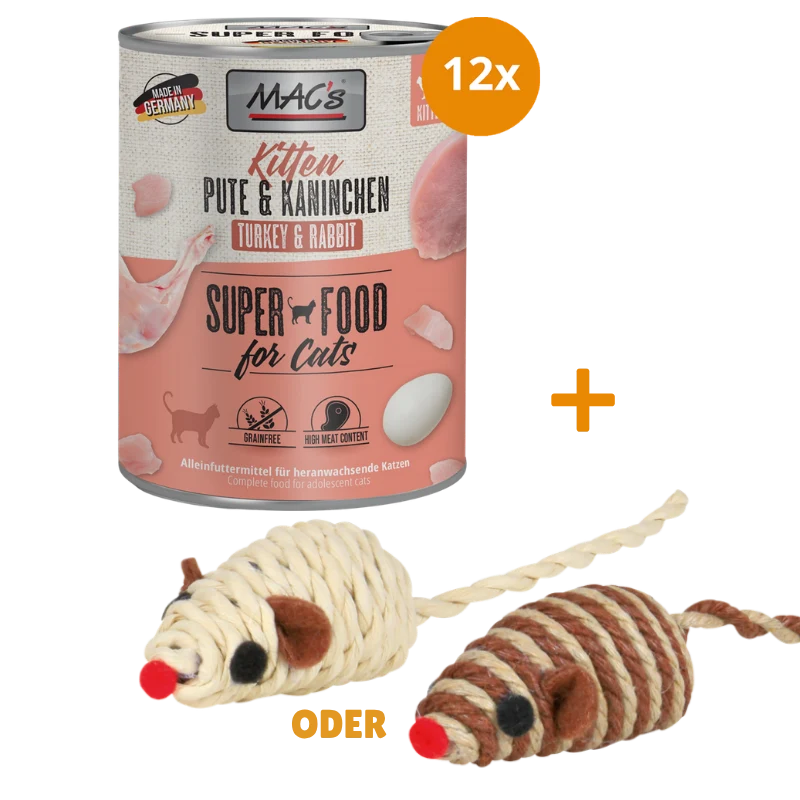 MAC's Cat Kitten Pute & Kaninchen 12 x 800 g + GRATIS TRIXIE Spielmaus