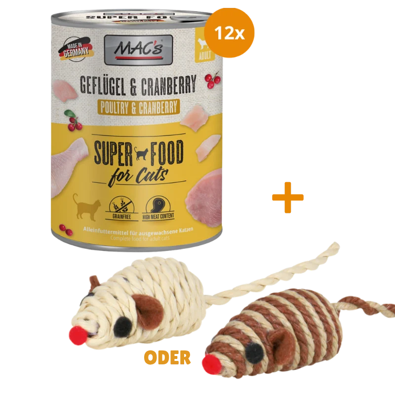MAC's Cat Geflügel & Cranberry 12 x 800 g + GRATIS TRIXIE Spielmaus