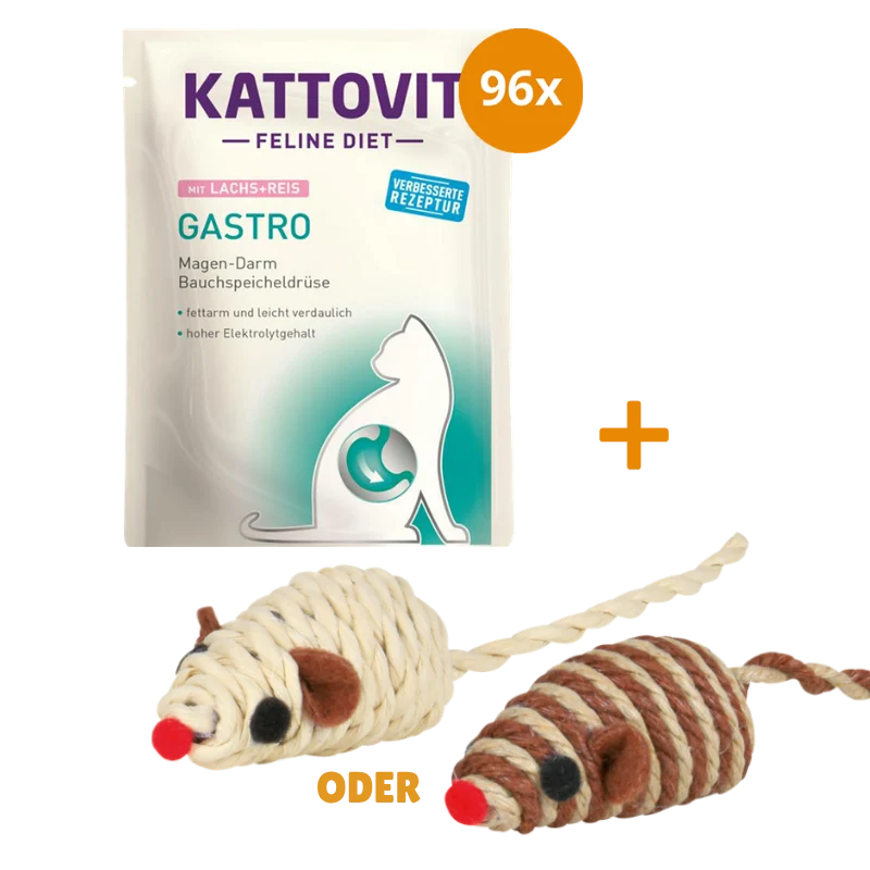Kattovit Feline Diet Gastro Lachs & Reis 96 x 85 g + GRATIS TRIXIE Spielmaus