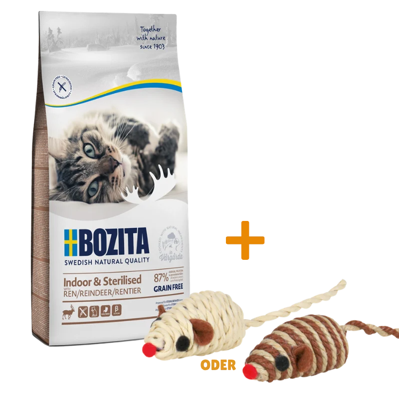 Bozita Indoor & Sterilised Getreidefrei Rentier 10 kg + GRATIS TRIXIE Spielmaus