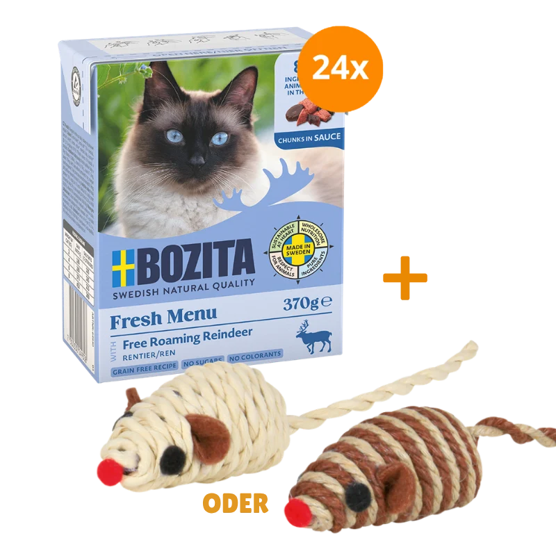 Bozita Häppchen in Soße Rentier 24 x 370 g + GRATIS TRIXIE Spielmaus