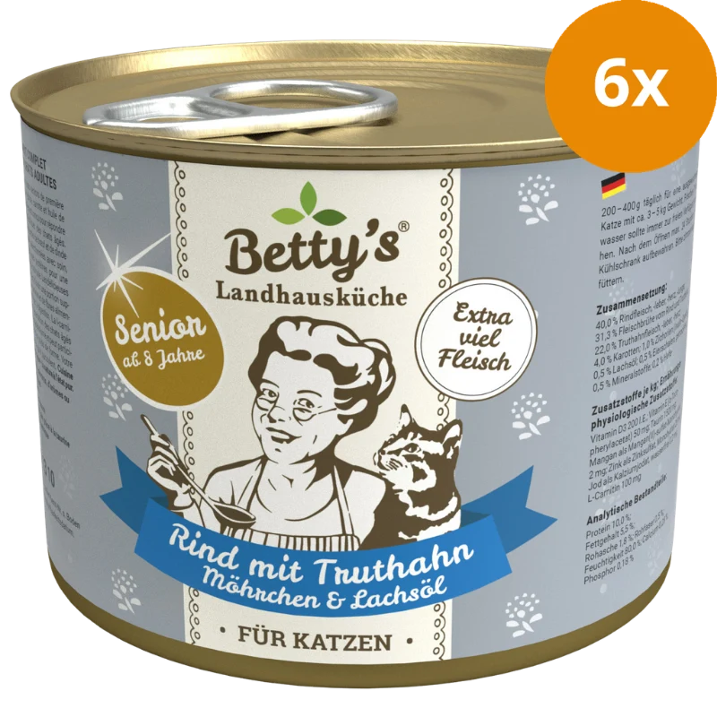 Bettys Landhausküche Katze Dose Senior Rind mit Truthahn, Möhrchen & Lachsöl 200 g