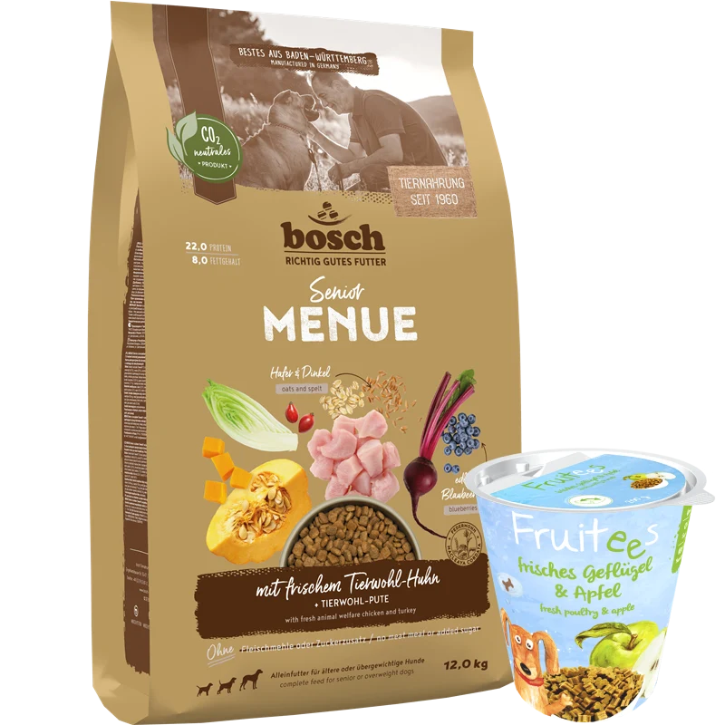 Kombipaket bosch HPC MENUE Senior Tierwohl-Huhn + GRATIS bosch Fruitees frisches Geflügel & Apfel