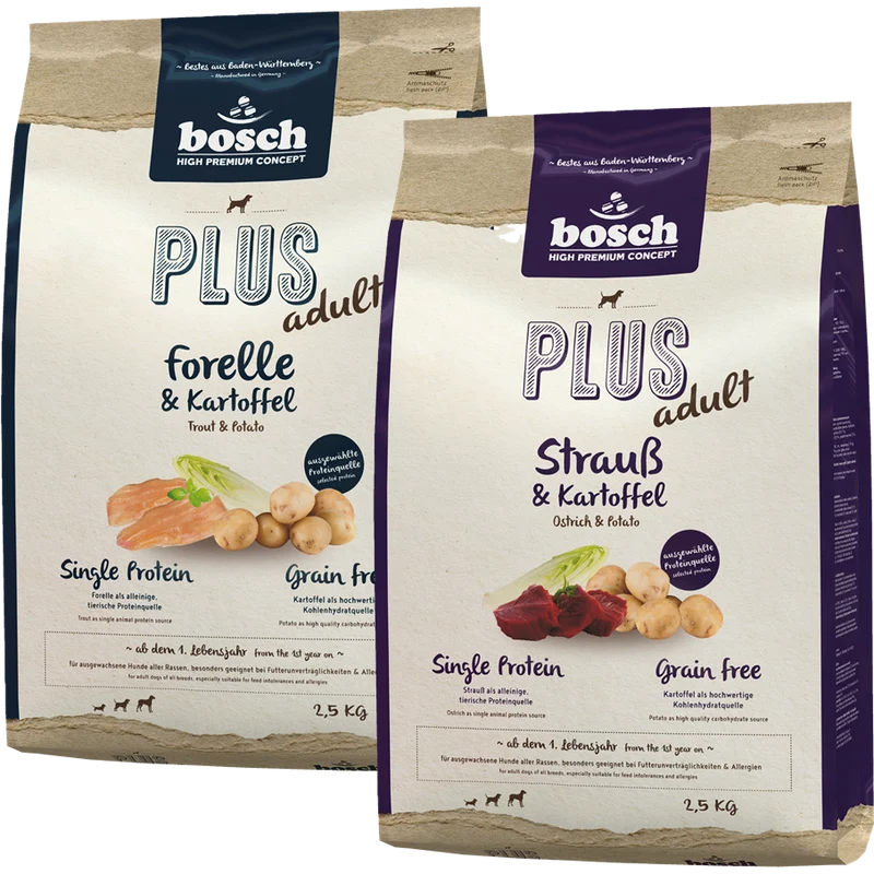 Kombipaket bosch HPC Plus Adult Strauß & Kartoffel 2,5 kg & bosch HPC Plus Adult Forelle & Kartoffel 2,5 kg