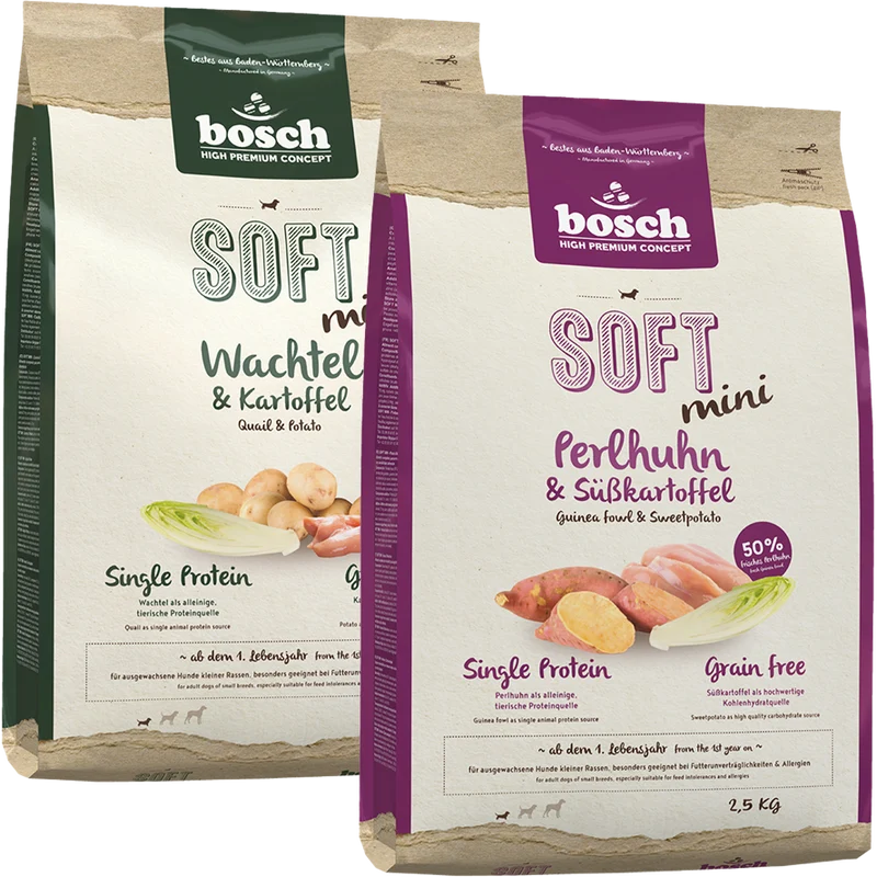Kombipaket bosch HPC Soft Mini mit Perlhuhn & Süßkartoffel 2,5 kg + bosch HPC Soft Mini mit Wachtel & Kartoffel 2,5 kg