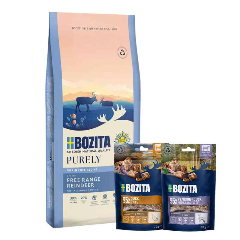 Bozita Dog Purely Adult Active mit Rentier 11 kg & 2 x GRATIS Bozita Snacks (Ente, Hirsch)