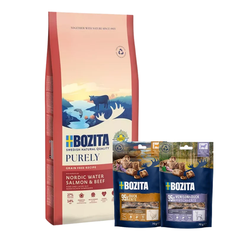 Bozita Dog Purely Adult Large mit Lachs & Rind 11 kg & 2 x GRATIS Bozita Snacks (Ente, Hirsch)