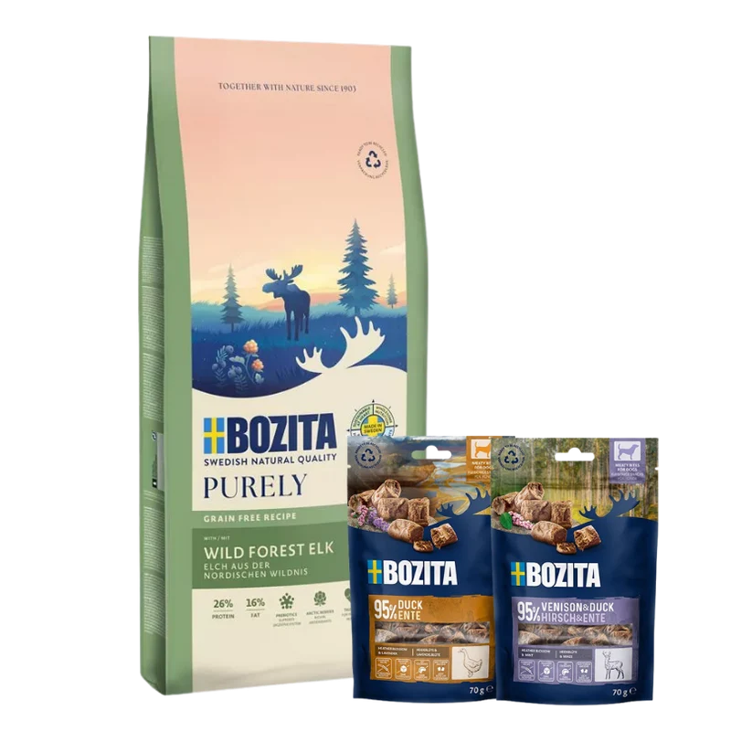 Bozita Dog Purely Adult mit Elch 11 kg & 2 x GRATIS Bozita Snacks (Ente, Hirsch)