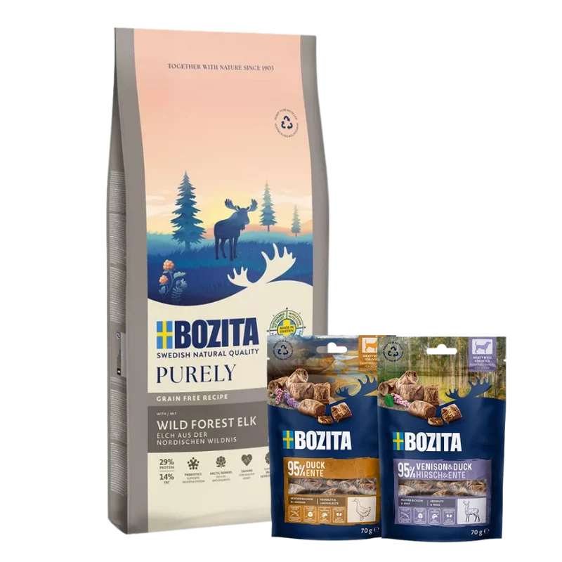 Bozita Dog Purely Puppy & Junior Large mit Elch 11 kg & 2 x GRATIS Bozita Snacks (Ente, Hirsch)