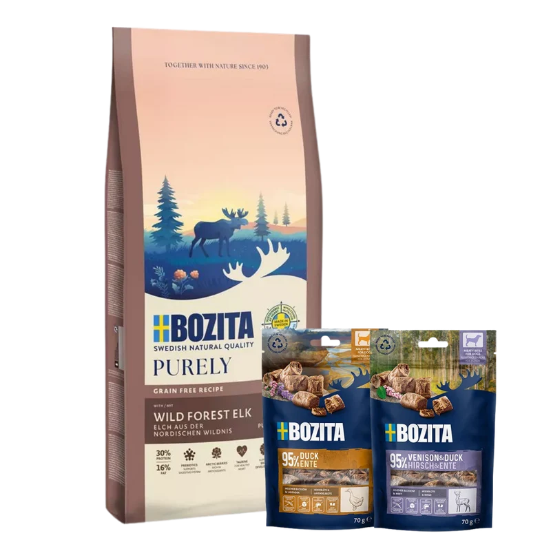 Bozita Dog Purely Puppy & Junior Small Elch 11 kg & 2 x GRATIS Bozita Snacks (Ente, Hirsch)