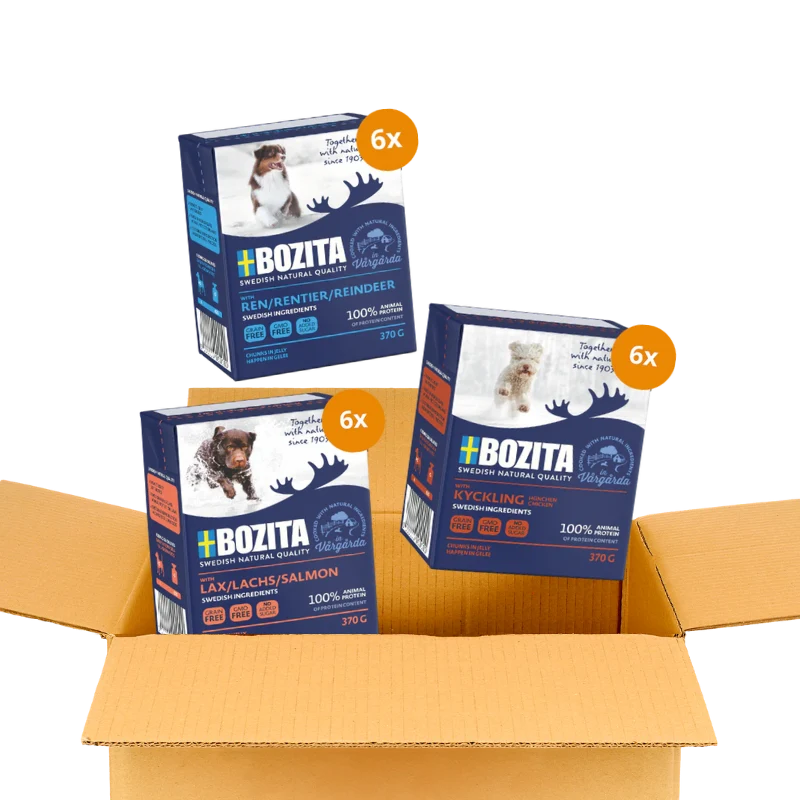 Bozita Happen 24 x 370 g – Probiermix in Gelee: Lachs, Rentier & Hühnchen
