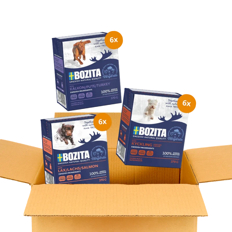 Bozita Happen 24 x 370 g – Probiermix in Gelee: Lachs. Pute & Hühnchen