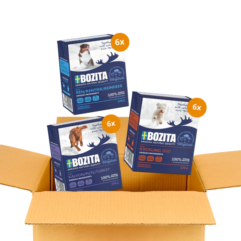 Bozita Happen 24 x 370 g – Probiermix in Gelee: Pute, Rentier & Hühnchen