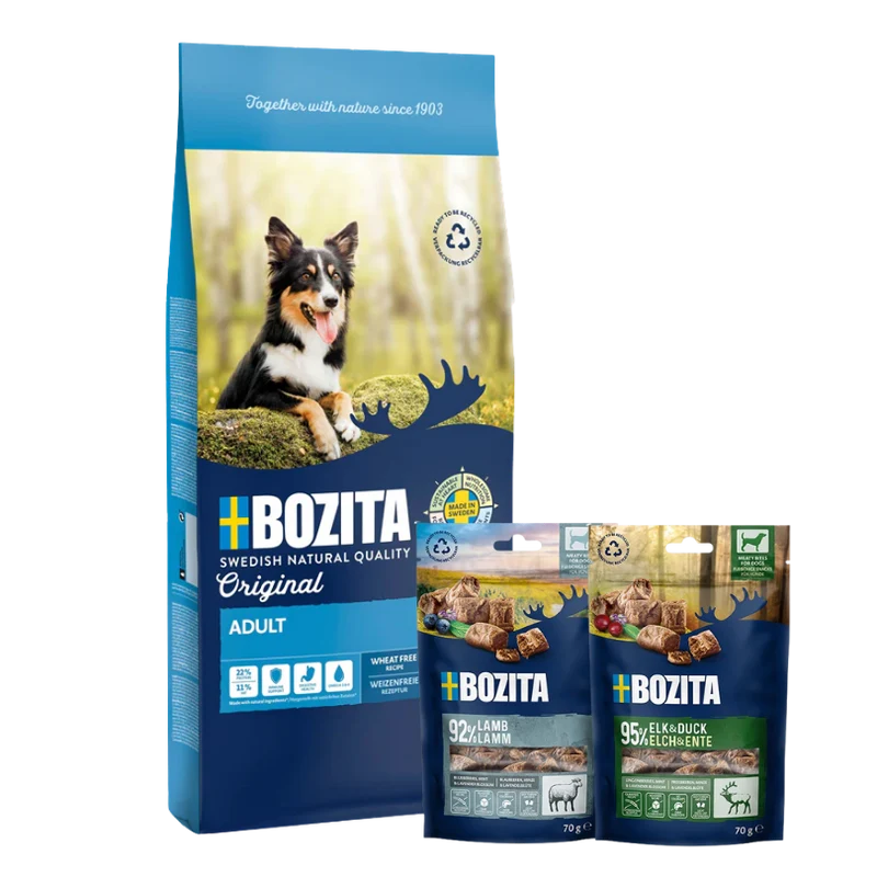Bozita Original 12 kg & 2 x GRATIS Bozita Snacks (Elch, Lamm)