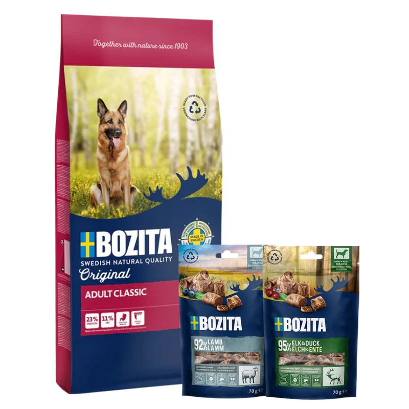 Bozita Original Adult Classic 12 kg & 2 x GRATIS Bozita Snacks (Elch, Lamm)