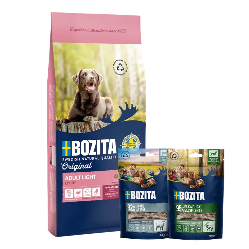 Bozita Original Adult Light 12 kg & 2 x GRATIS Bozita Snacks (Elch, Lamm)