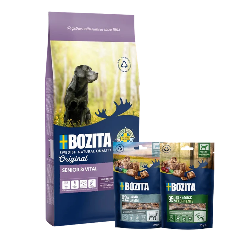 Bozita Original Adult Senior 12 kg & 2 x GRATIS Bozita Snacks (Elch, Lamm)