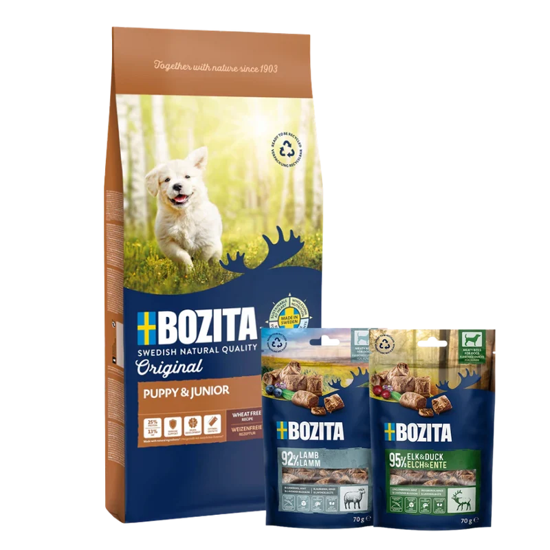 Bozita Original Puppy & Junior 12 kg & 2 x GRATIS Bozita Snacks (Elch, Lamm)