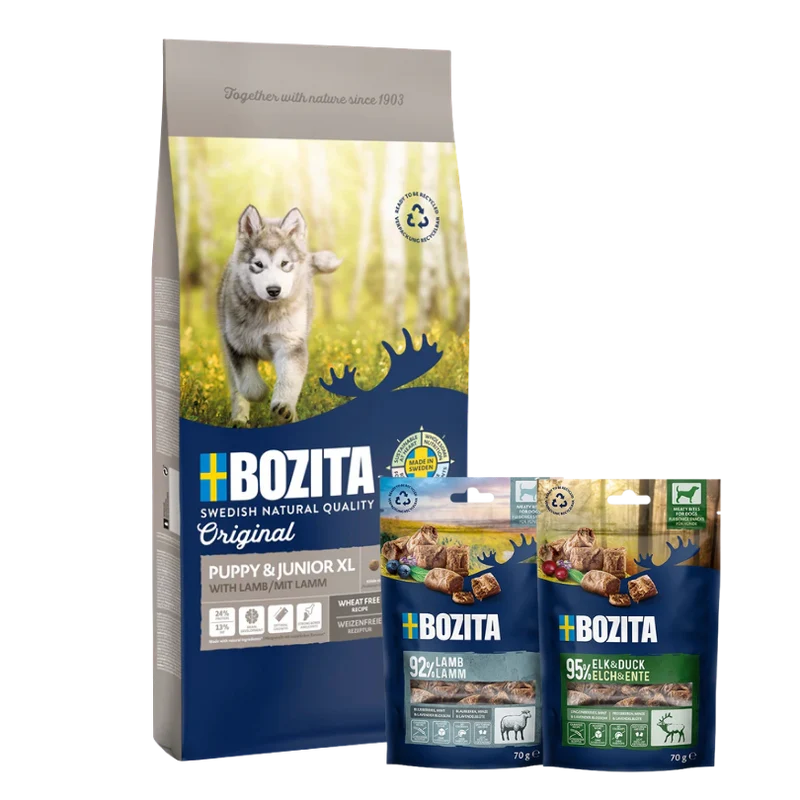 Bozita Original Puppy & Junior Lamb XL 12 kg & 2 x GRATIS Bozita Snacks (Elch, Lamm)
