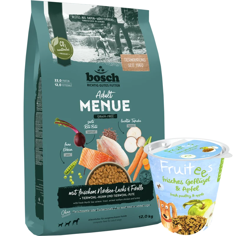 Kombipaket bosch HPC MENUE Adult Nordsee-Lachs + GRATIS bosch Fruitees frisches Geflügel & Apfel