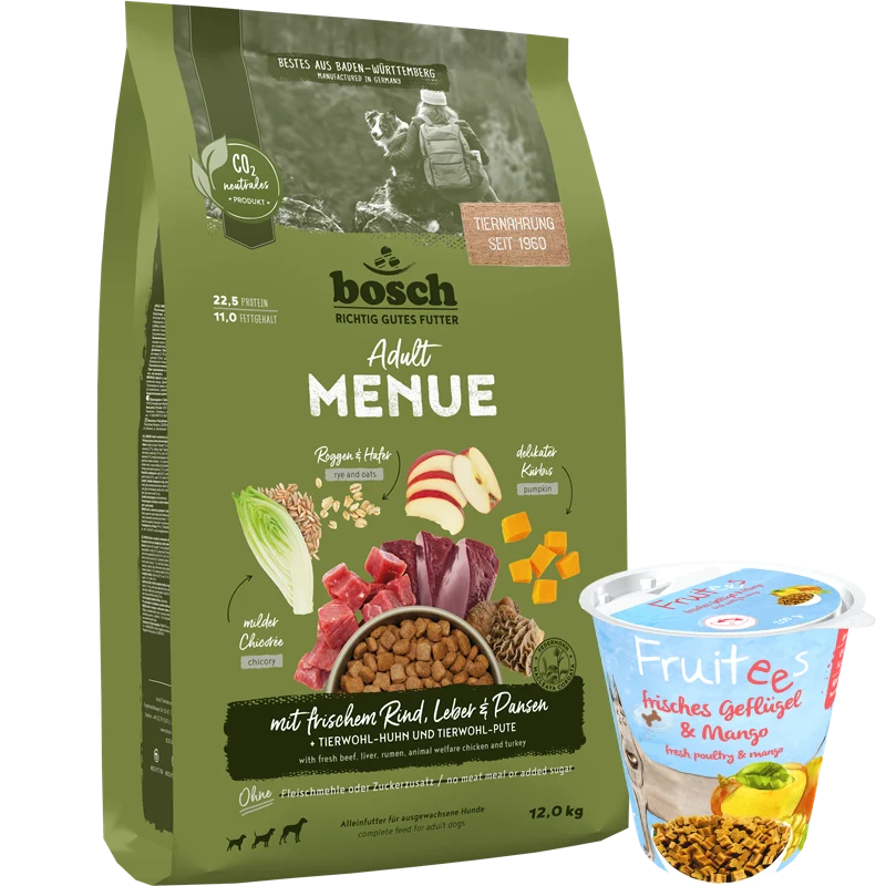 Kombipaket bosch HPC MENUE Adult Rind + GRATIS bosch Fruitees frisches Geflügel & Mango