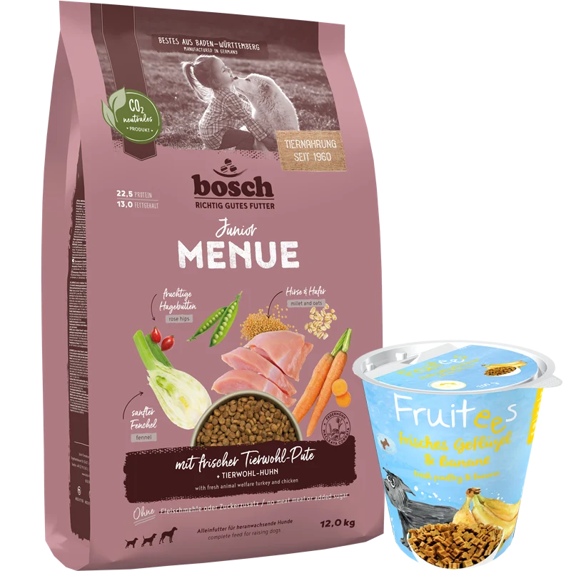 Kombipaket bosch HPC MENUE Junior Tierwohl-Pute + GRATIS bosch Fruitees frisches Geflügel & Banane