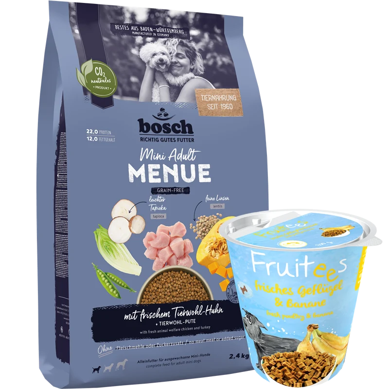 Kombipaket bosch HPC MENUE Mini Adult Tierwohl-Huhn + GRATIS bosch Fruitees frisches Geflügel & Banane